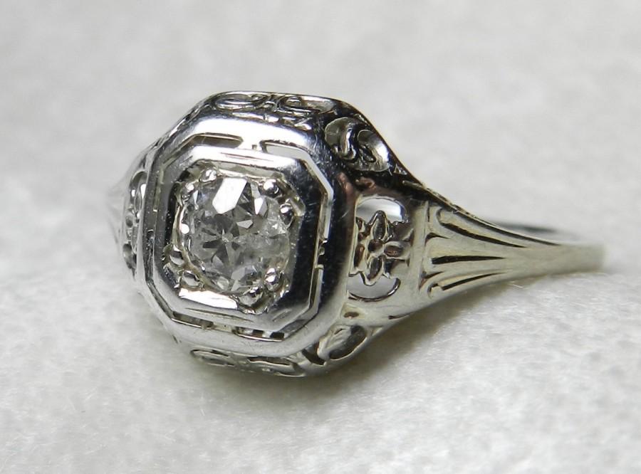 Hochzeit - Antique Engagement Ring .25 Ct Old European Cut Diamond Engagement 1920s OEC 14K White Gold .25 Ct Filigree 1920s Engagement Orange Blossom