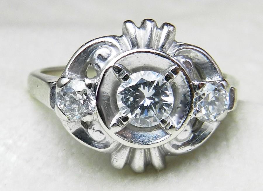 Hochzeit - Antique Engagement Ring 1 Ct tdw 14K White Gold Art Deco Old European Cut Diamond Antique Engagement Art Deco Ring 1920s Past Present Future