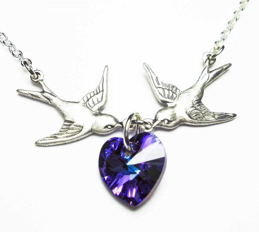 زفاف - SWALLOW BIRD SWAROVSKI  Heliotrope Purple Heart Silver Necklace - Other Colors Avail