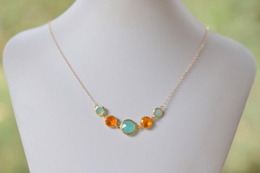 زفاف - Fashion Jewel Statement Necklace in Shades of Orange and Aqua. Gold Jewel Fashion Jewelry. Bridal Party Jewelry.