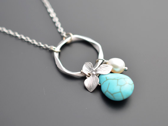 Mariage - SALE, Turquoise,Orchid Flower and Pearl Pendant Necklace - Wedding, Bridal, Bridesmaid, Anniversary, Christmas necklace,Gift,Silver necklace