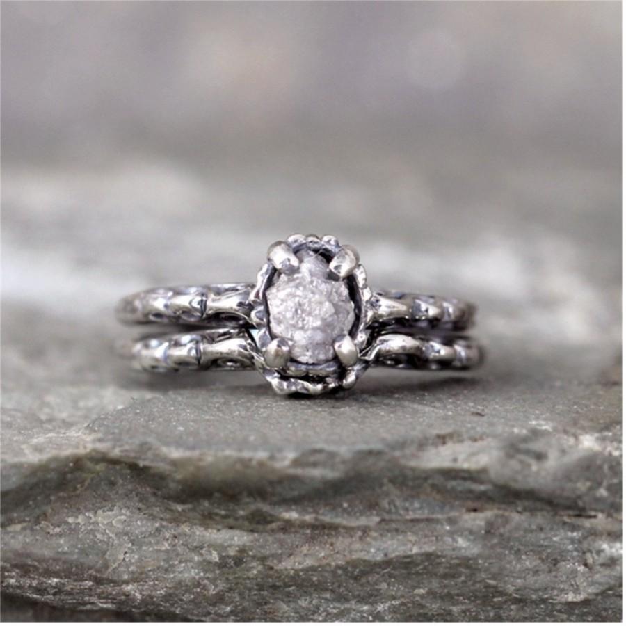Wedding - Raw Diamond Wedding Set - Oxidized Antique Filigree Style - Matching Engagement Ring and Wedding Band - Rough Diamond Rings - Wedding Rings