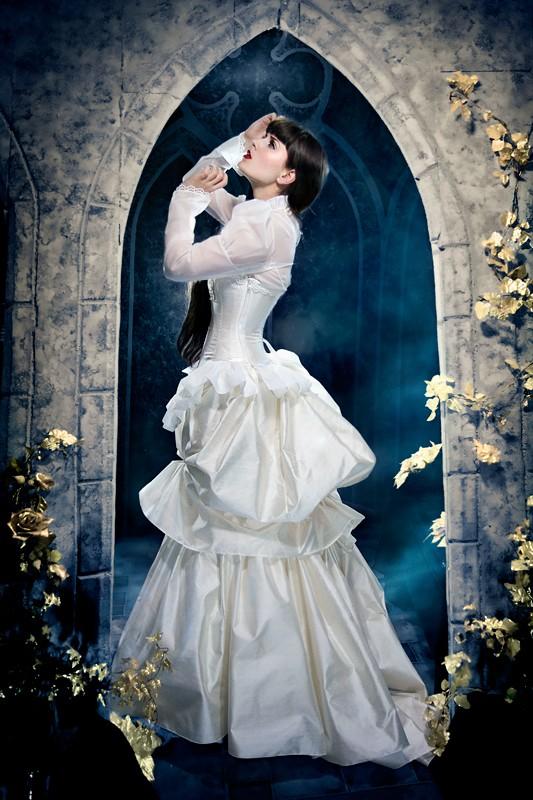 Mariage - Steampunk Edwardian Wedding Dress - Elegant in Ivory - Victorian Bustle Gown Silk- Sheer Sleeves High Neck  - Custom to Order