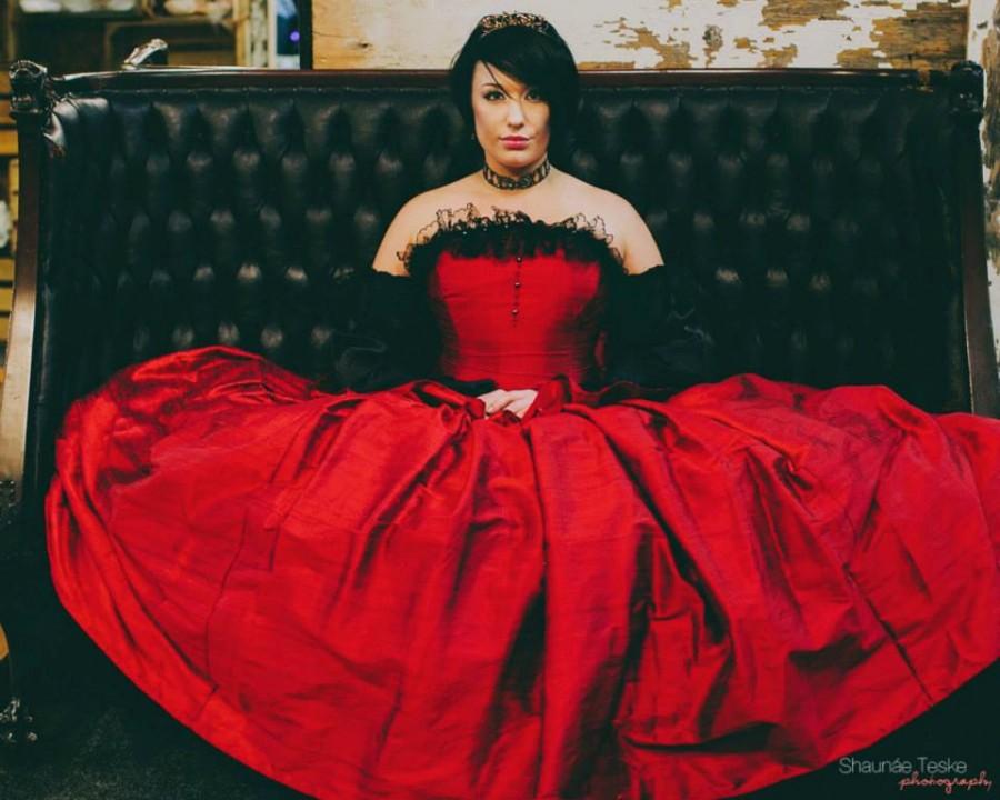 Свадьба - Red BallGown Wedding Dress - Gothic Cinderella- Fairytale Red Silk Black Lace- Corset Top - Off the Shoulder Sleeves-Custom to your size