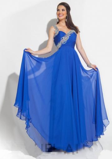 Wedding - 2015 Straps Zipper Crystals Blue Red Chiffon Ruched Floor Length