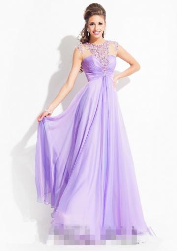 Wedding - 2015 Straps Crystals Open Back Tulle Chiffon Ruched Lilac Floor Length