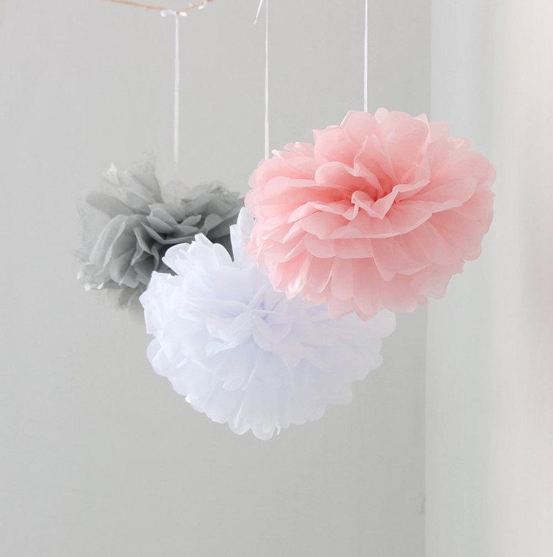 Wedding - 12pcs Mixed Pink Gray White Tissue Paper Flower Pom Poms Wedding Baby Shower Party Nursery Hanging Decoration Favor