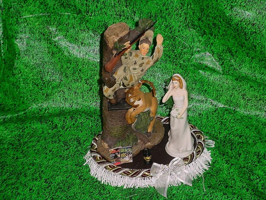 Wedding - Deer chase Redneck Hunter Groom Stand by your Man Camo Wedding Cake topper-Rustic Outdoor lover Bride on Phone - H717B