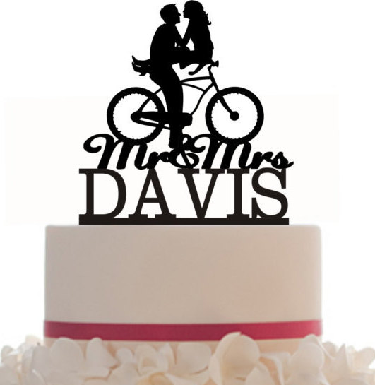 Wedding - Wedding Cake Topper Mr and Mrs hair down with a bicycle silhouette, your last name, choice of color and a FREE base for display