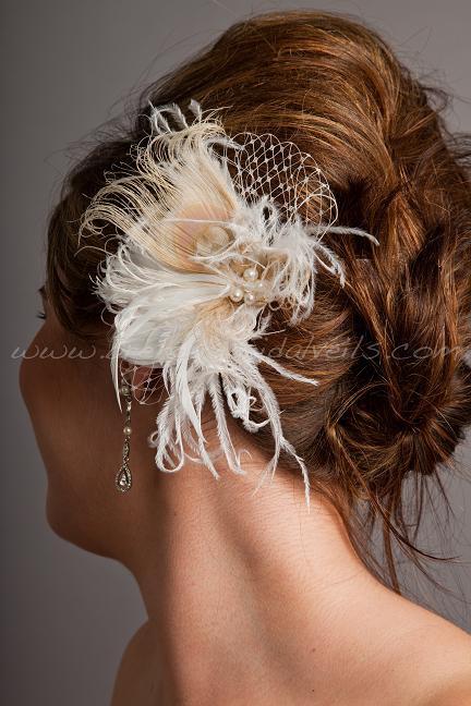 Hochzeit - Ivory and Champagne Feather Birdcage Fascinator Peacock Eye with Fresh Water Pearls and Golden Shadow Crystals - Juliette Head Piece