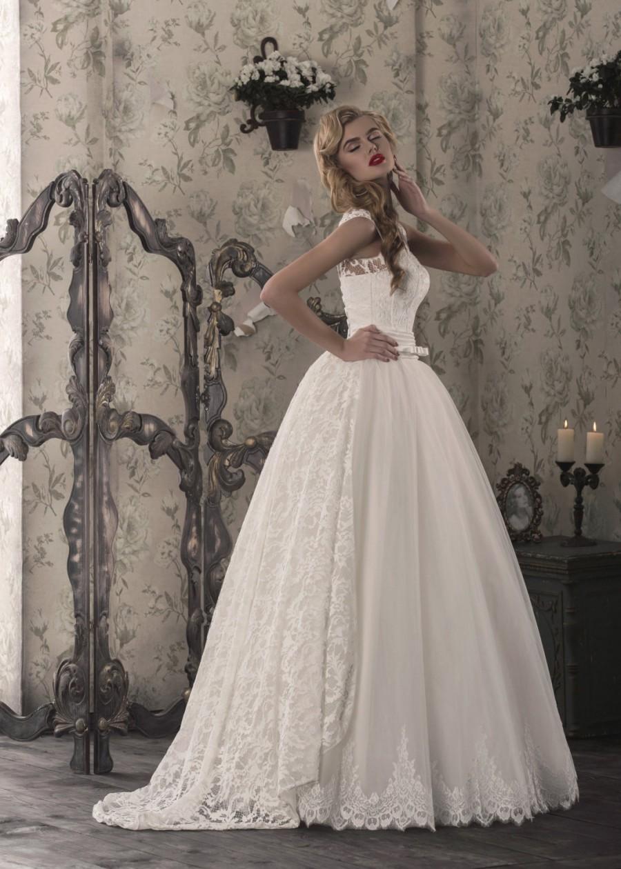 Wedding - 40% Off Princes, Romantic, Elegant White/Ivory Lace Wedding Dress with Train, Designer Gown that Features Illusion Neckline, A Line, Buy 036