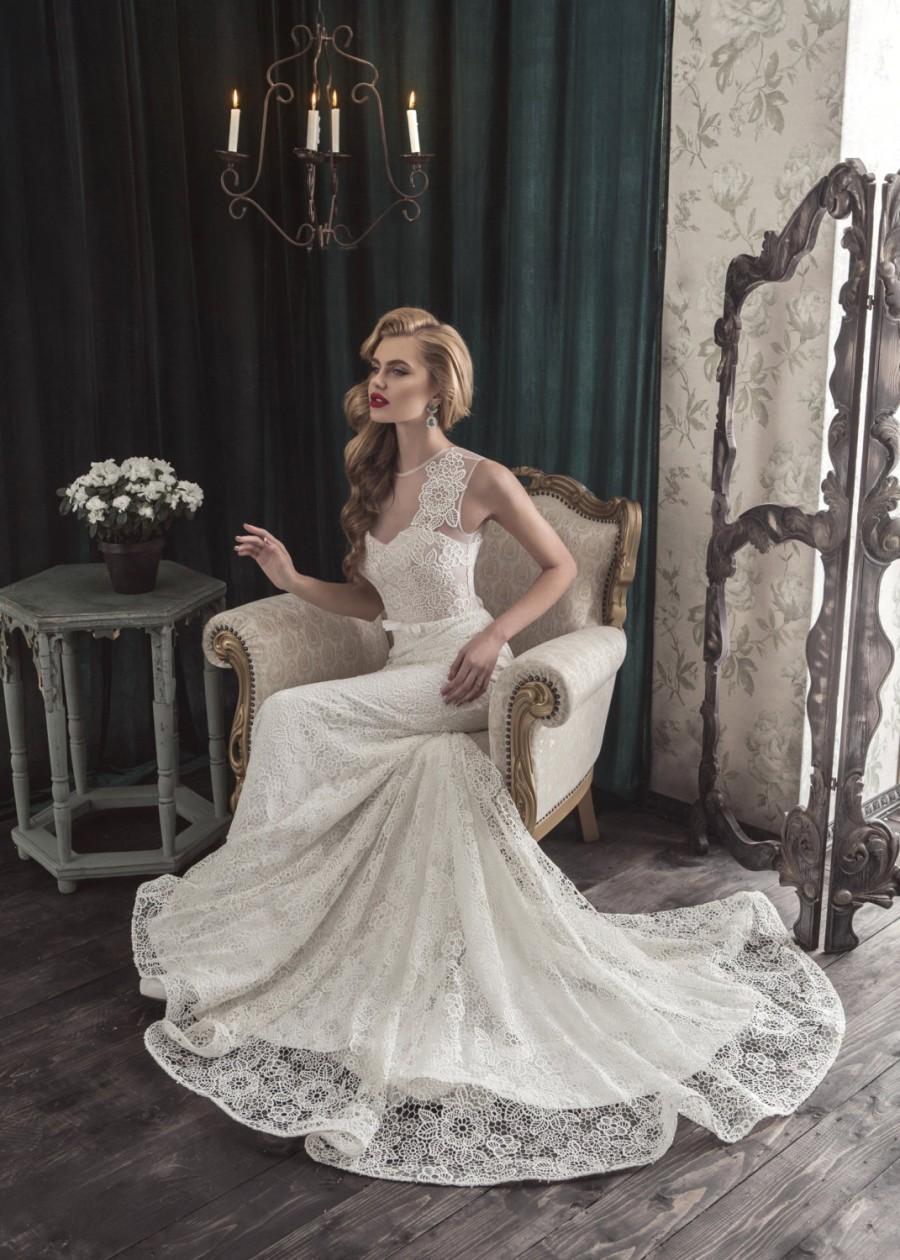 Hochzeit - 40% Off Elegant, White/Ivory Wedding Dress with a Train, Lace Up Wedding Gown Features Floral See Through Illusion Neckline 001
