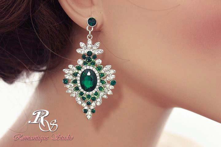 Wedding - Emerald green bridal earrings green rhinestone earrings green crystal bridal earrings emerald green wedding jewelry emerald earrings  1181G
