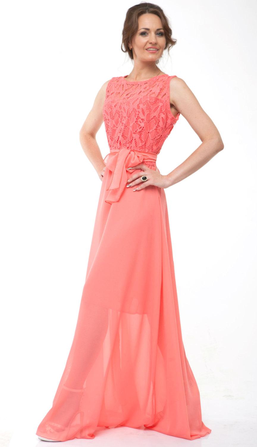 زفاف - Bridesmaid Dress Lace Chiffon Long Dress Wedding coral.