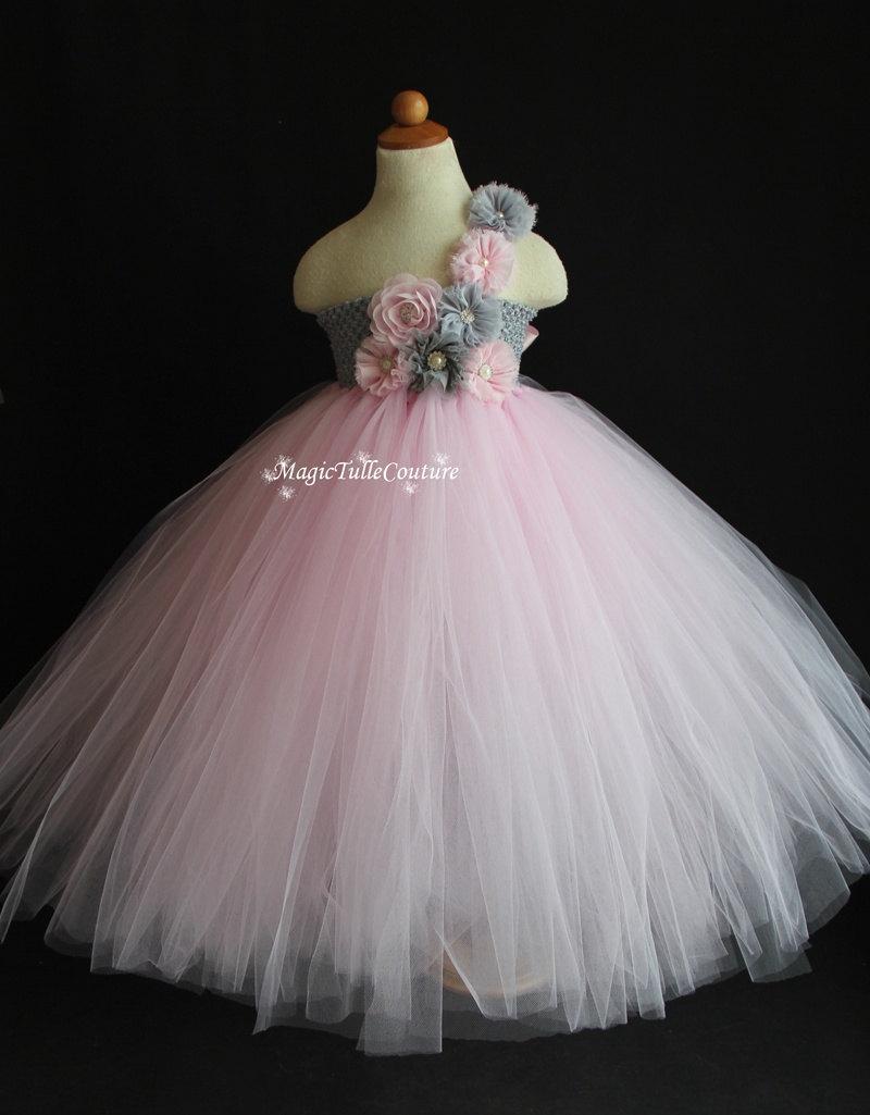 Mariage - Lt. Pink and mixed grey silver vintage flower girl tutu dress wedding dress tulle dress birthday dress tea party dress 1T2T3T4T5T6T7T8T9T10T