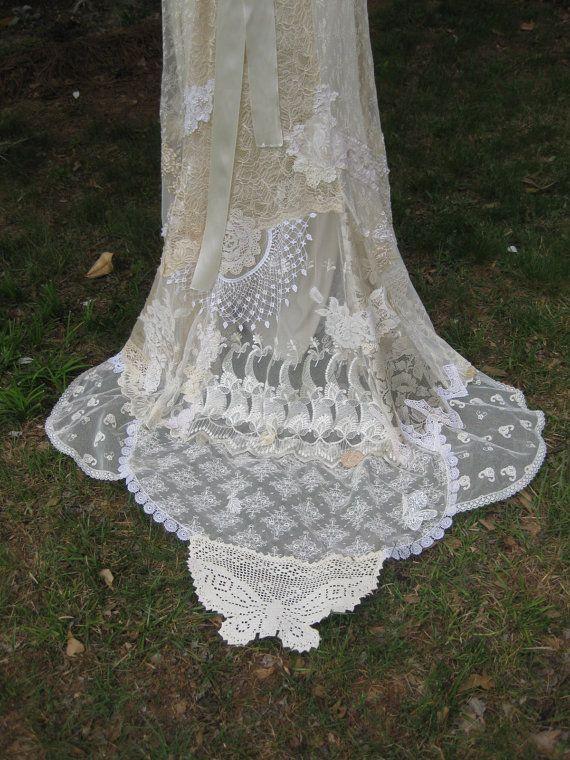 Hochzeit - Deposit For Champagne Hippie Lace Collage Gown With A Butterfly Train One Of A Kind Reserved For Imush2