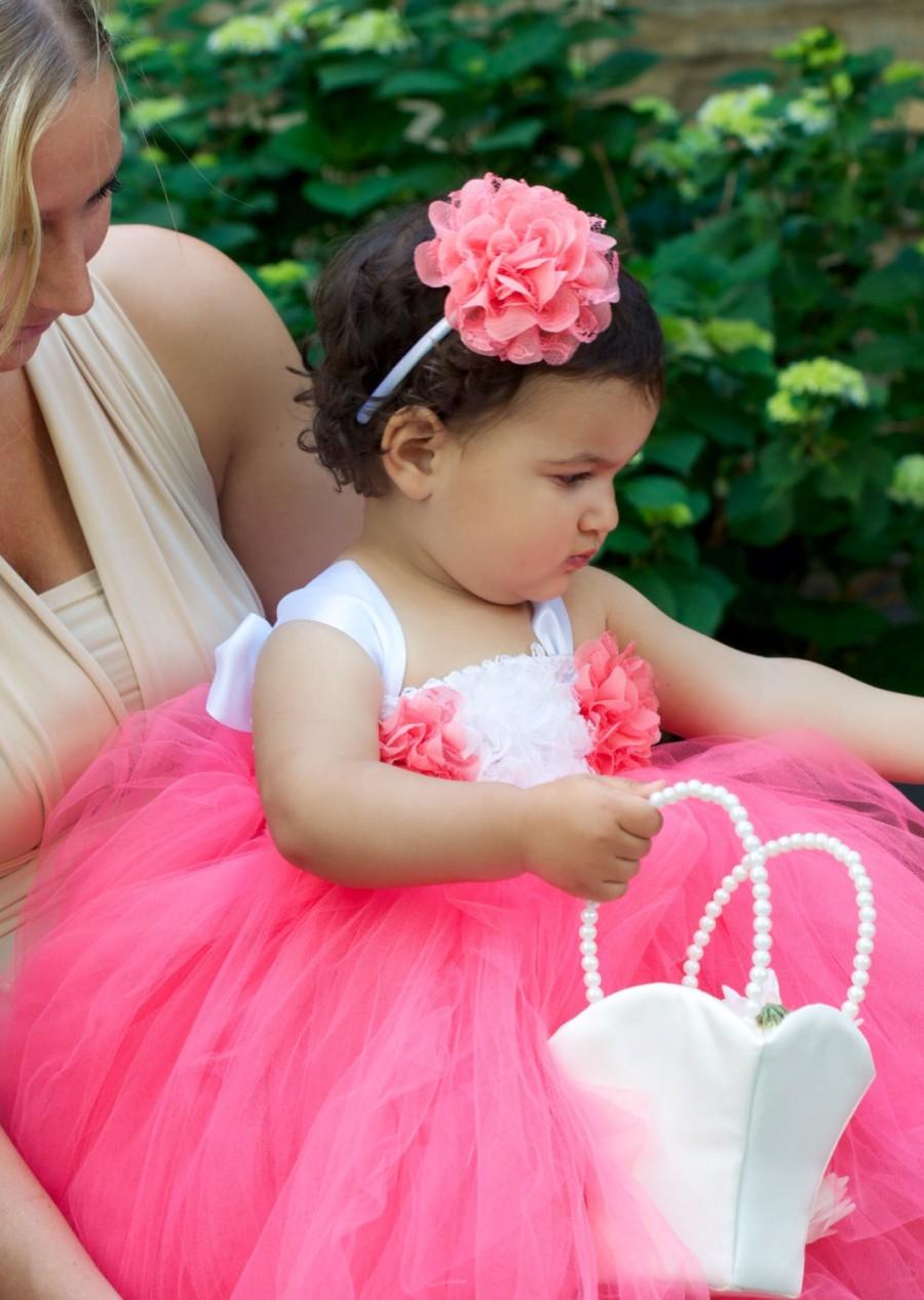 Hochzeit - Coral Flower Girl Tutu Dress, Coral and White, Wedding, Bridal, Flower girl, baby, toddler, girls