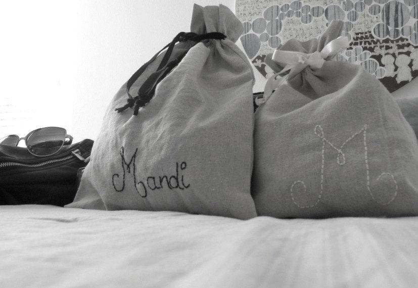 Hochzeit - Lingerie bag  travel organizer Personalized  drawstring linen cotton pouch  Bridesmaid Party favors  Fabric gift bag Bachelorette goodies