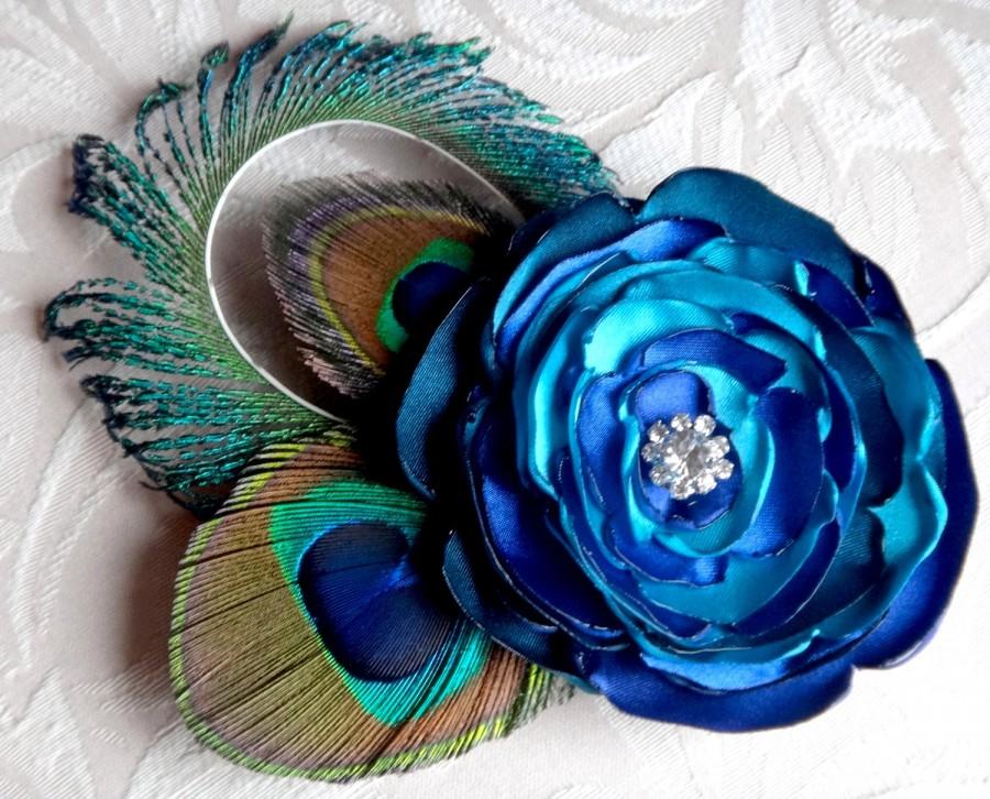 Свадьба - Peacock feather hair clip, teal, king blue, turquoise satin flower with rhinestone accent