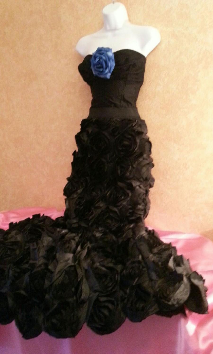 زفاف - Blue Rose Midnight Mermaid Goddess Black  Drop Waist Corset Rosette Bridal Wedding Formal Ball Gown