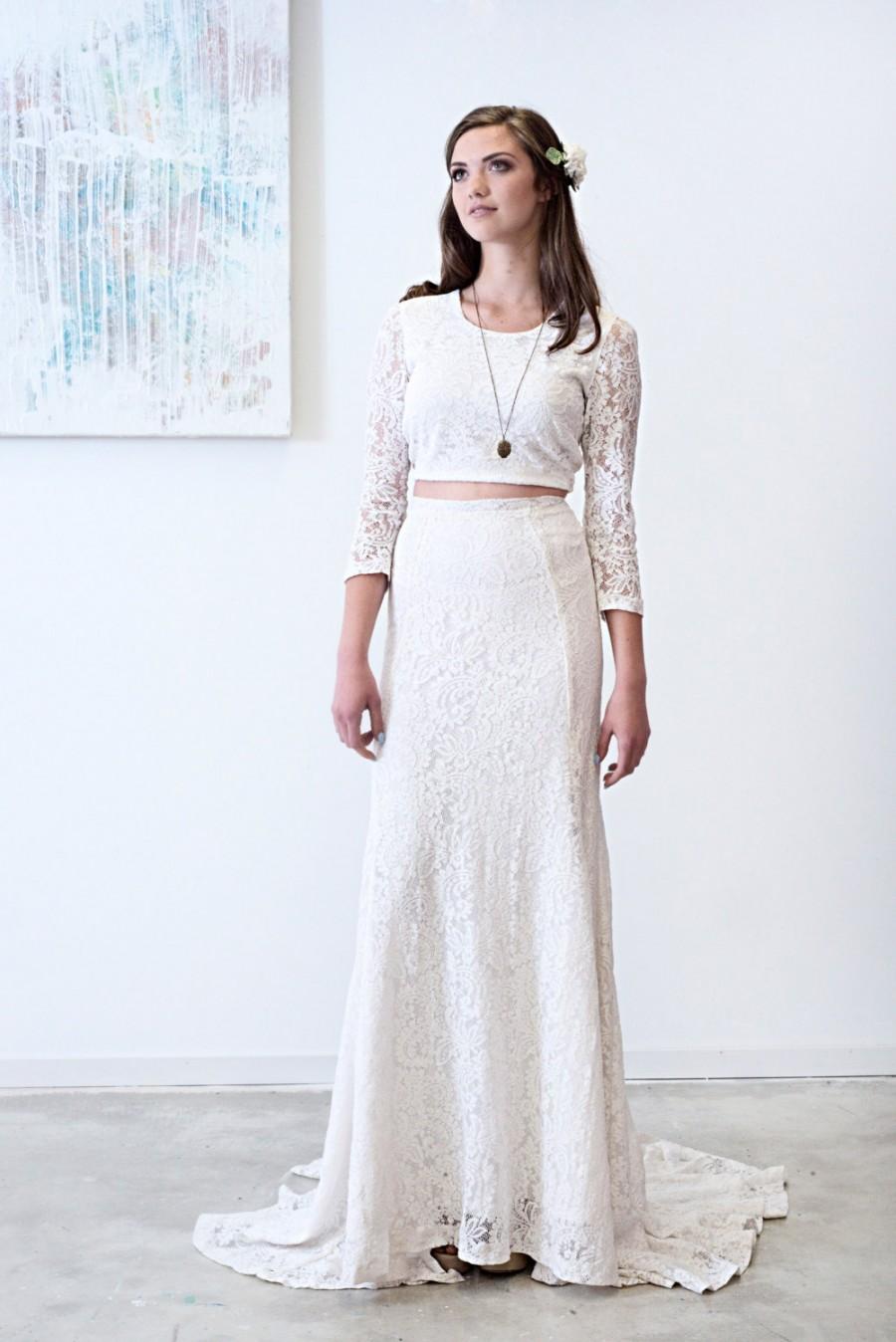 Mariage - Joni // Boho Tea Dyed Long Sleeved Tie Back Lace Crop Top With High Waisted Fit and Flare Skirt