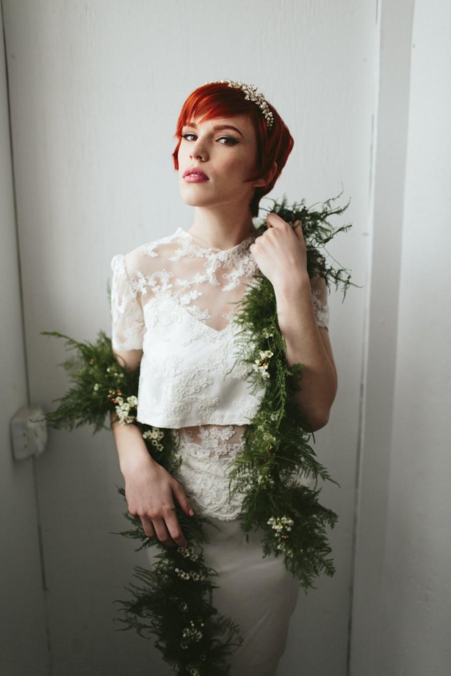 Hochzeit - Christmas Sale Ends Dec 15th Two Piece Trendy  Wedding Dress Lace Crop Shirt Library Length Silk Skirt