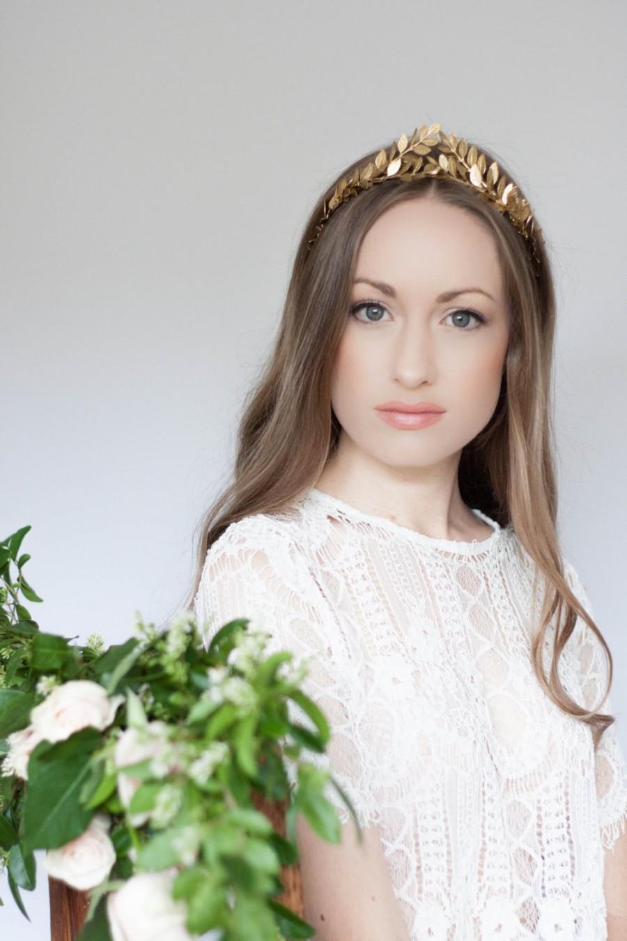 Hochzeit - Greek Goddess Laurel Leaf Crown, Gold Tiara, Halo, Gold Leaf Headpiece, Hair Accessory, bridal tiara, Leaf Headband, Woodland, bohemian #100
