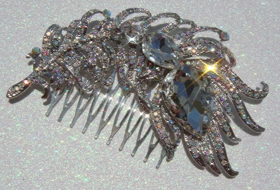 Hochzeit - Swarovski PEACOCK WEDDING Hair Comb or Brooch / AURORA borealis crystal rhinestone / bridal rhinestone hair comb feather