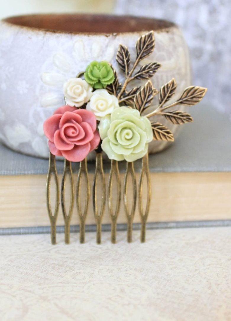 زفاف - Green Flower Hair Comb Bridal Hair Comb Floral Collage Comb Leaf Branch Country Rustic Wedding Hair Accessories Dusty Pink Rose Cream Rose