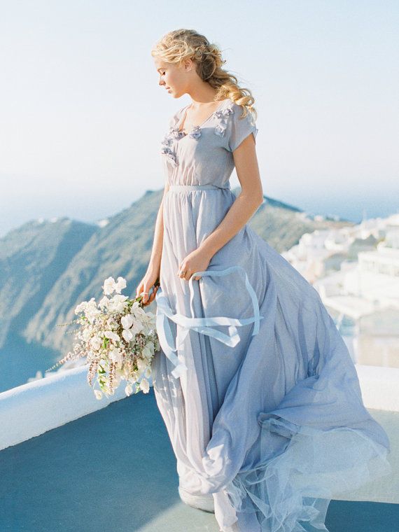 Mariage - Gentle Grey Wedding Dress With Floral Decoration//Romantic Wedding Gown// Chiffon Wedding Dress Of Grey Color