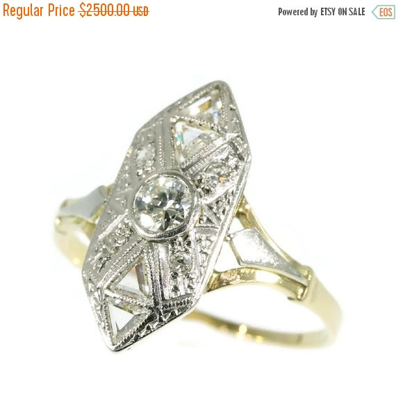 Wedding - On Sale Triangle Diamond Engagement Ring - White yellow gold 18k ring old European cut diamond triangle diamonds Art Deco jewelry c1920