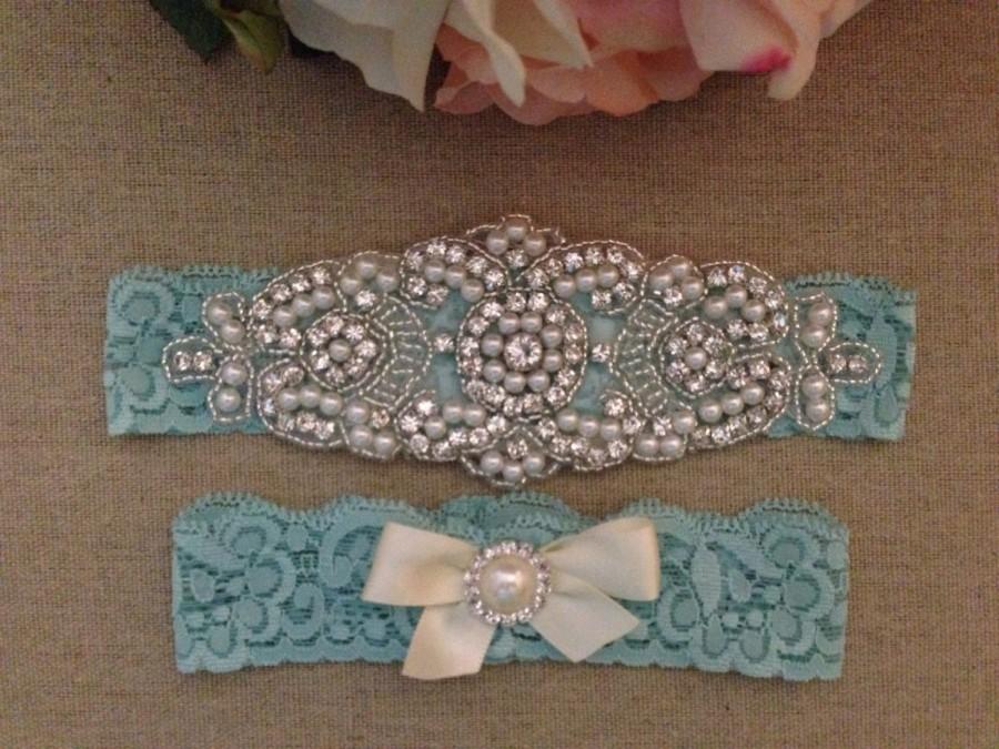 Свадьба - Wedding Garter - Bridal Garter -Aqua Blue Pearl and Crystal Rhinestone Garter and Toss Garter Set