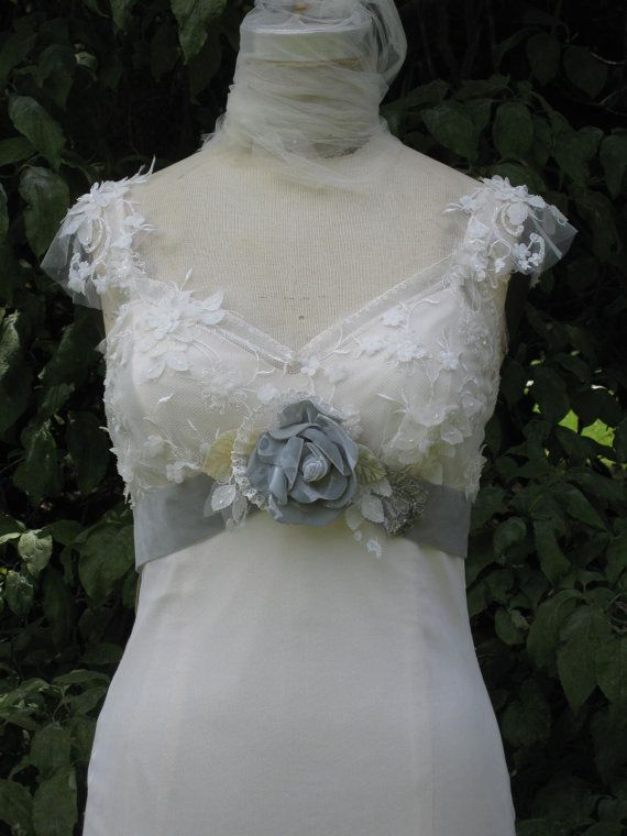 Mariage - Silk And Cotton Bridal Gown Hand Painted And Velvet Sage