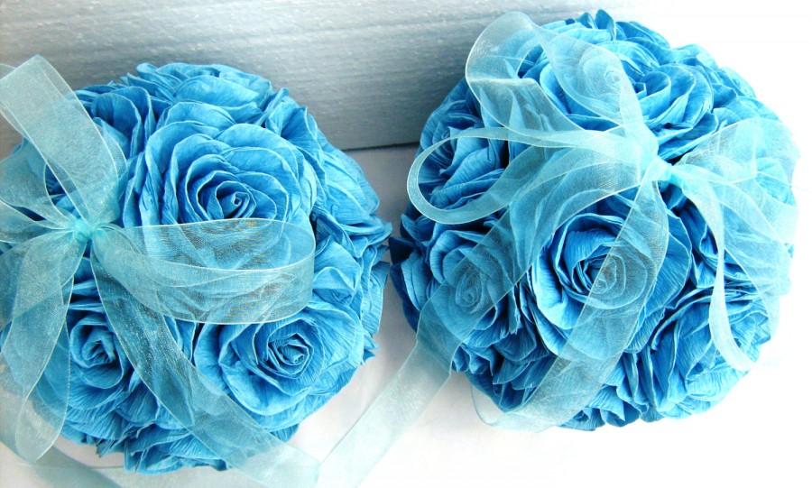 زفاف - crepe paper flower Wedding kissing balls Royal Navy aqua turquoise Blue hanging Frozen wedding pomander  WEDDING DEKOR flower girl