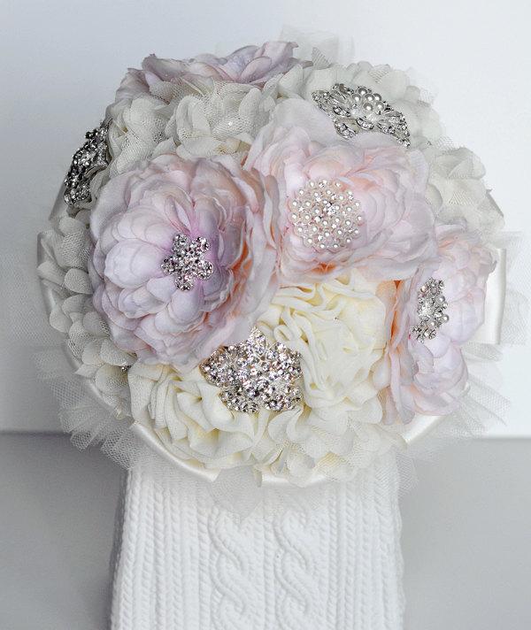 Wedding - 10 Inches Vintage Bridal Brooch Bouquet Pearl Rhinestone Crystal Silver Peach Pink Ivory Light Cream Chiffon Rose BB027LX