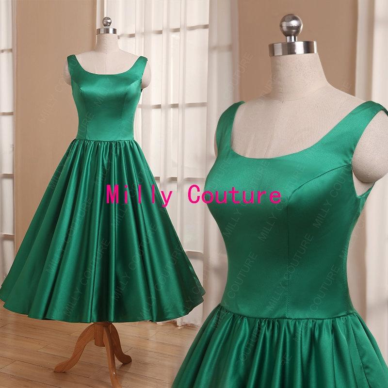 Mariage - emerald green bridesmaid dress,vintage scoop neck short 50s bridesmaid dress, emerald green 50s prom dress, vintage prom dress