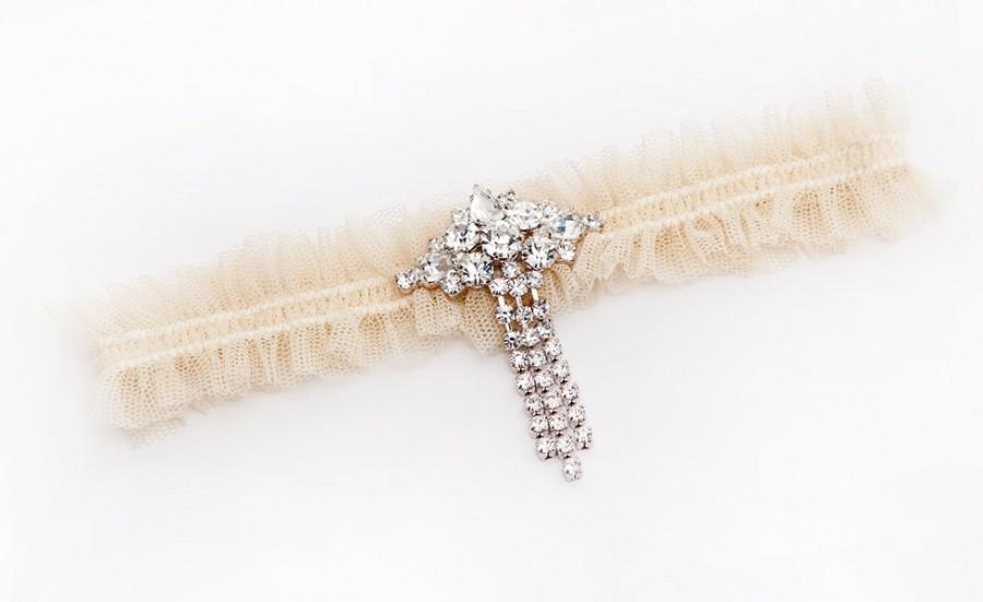 Hochzeit - Wedding garter - 'Lola' nude tulle bridal garter with deco style or pearl crystal rhinestone droplet