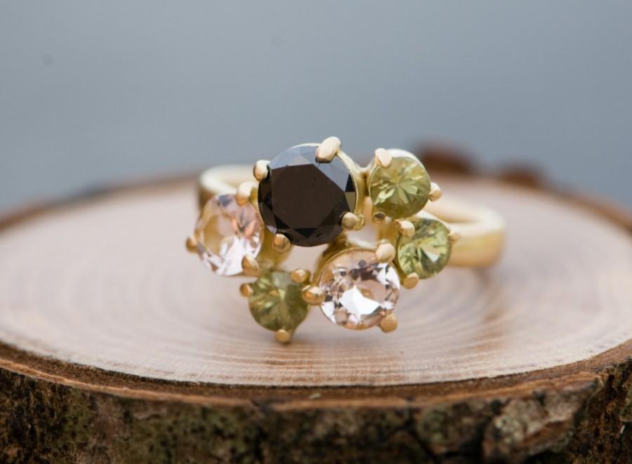 زفاف - 18K Gold Diamond and Sapphire Engagement Ring - Diamond Cluster Ring - Black Diamond Engagement Ring - Handmade to Order FREE SHIPPING