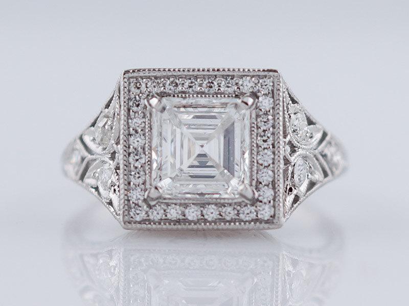 Mariage - Antique Engagement Ring Art Deco Era 1.14ct Asscher Cut Diamond In Platinum