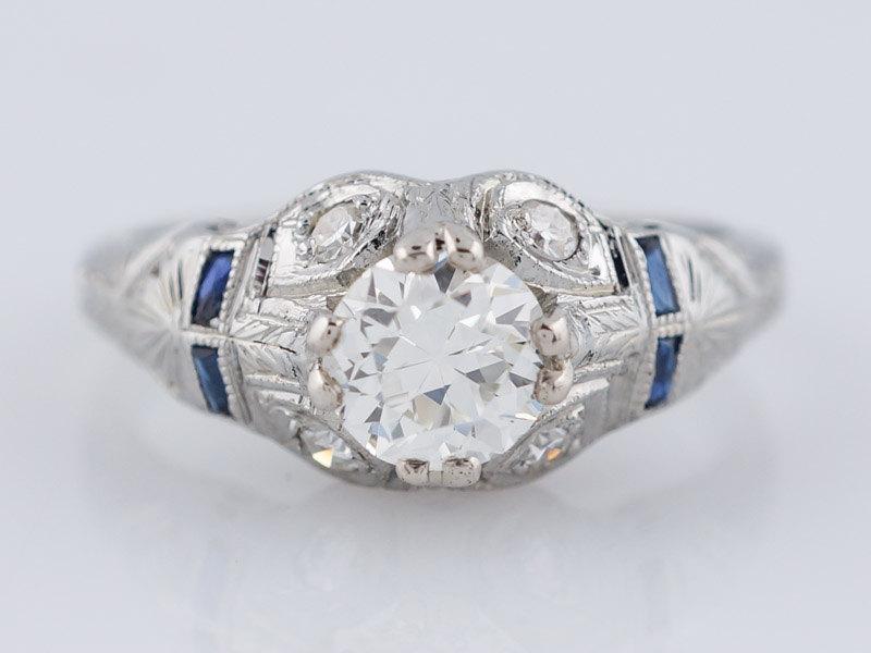 Mariage - Antique Engagement Ring Art Deco .69ct Old European Cut Diamond in 18k White Gold