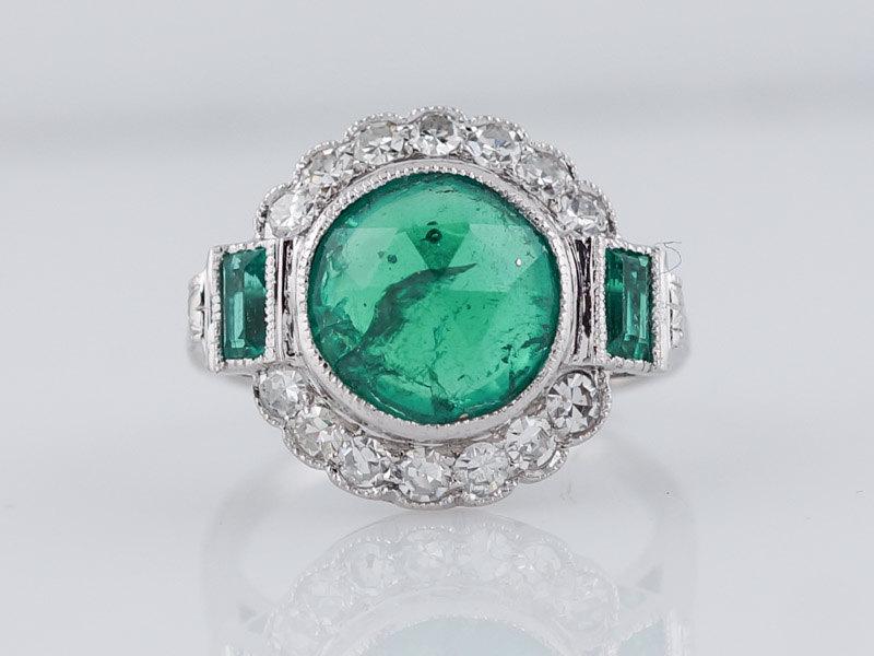 Свадьба - Antique Engagement Ring Art Deco 2.12ct Rose Cut Emerald in Platinum