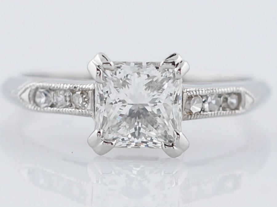 Wedding - Art Deco Engagement Ring Antique 1.21ct Princess Cut Diamond in Platinum
