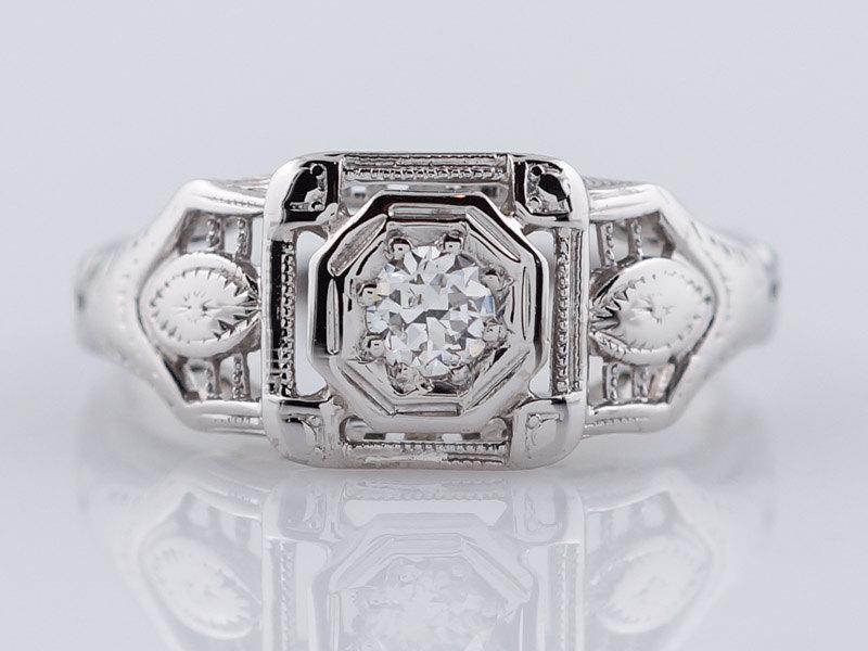 Hochzeit - Antique Engagement Ring Art Deco .12ct Old European Cut Diamond in 18k White Gold