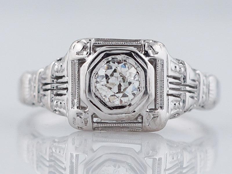 Mariage - Antique Engagement Ring Art Deco .22ct Old European Cut Diamond in 18k White Gold