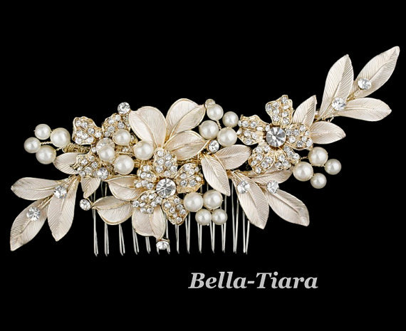 Mariage - gold champagne bridal hair comb, wedding crystal hair comb,  champagne wedding ivory comb, gold wedding hair clip, gold bridal comb