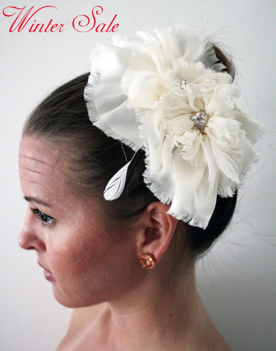 Wedding - Winter Sale - 25% off! Bridal Silk Satin-Chiffon Flower Haircomb, Bridal Comb, Swarovski Pearl and Crystal Flower - Katy