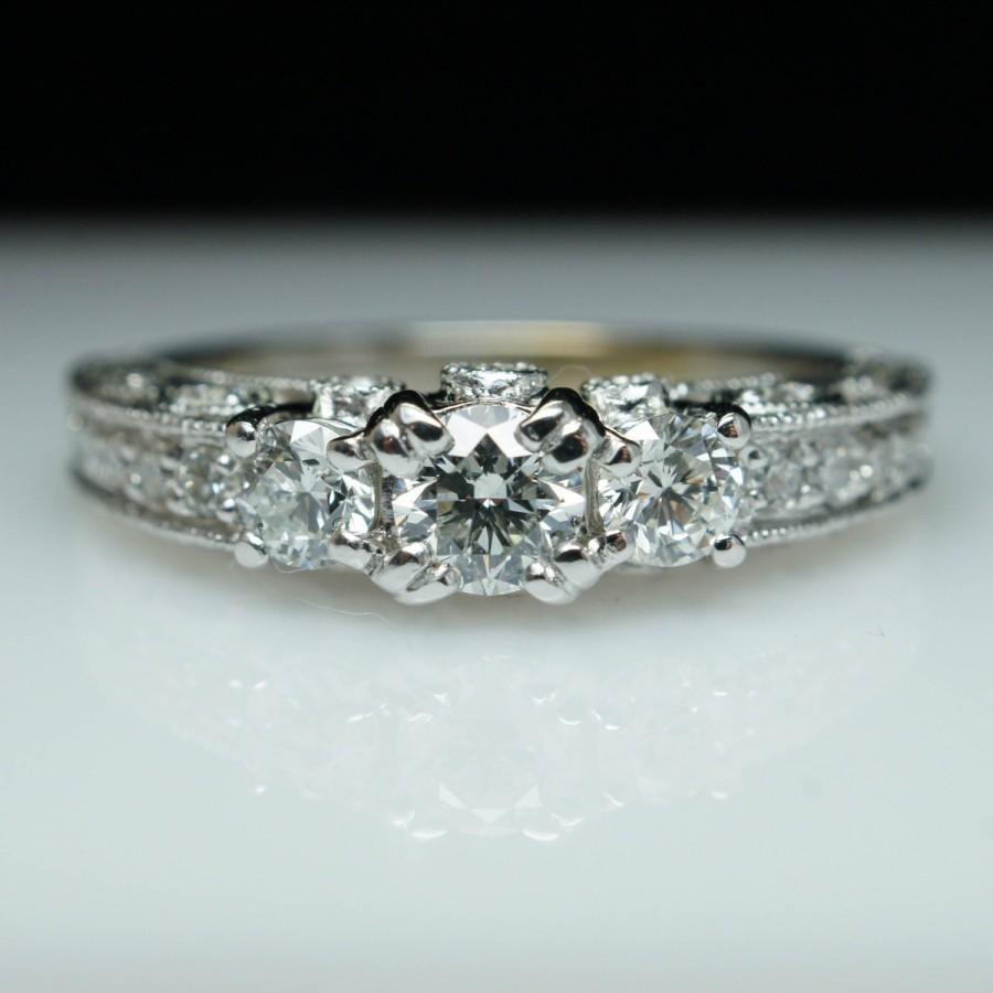 Wedding - Filigree Diamond Engagement Ring 3 Stone Vintage Engagement Ring Estate Piece Side Setting Diamond Antique Jewelry Wedding Band 14k Gold