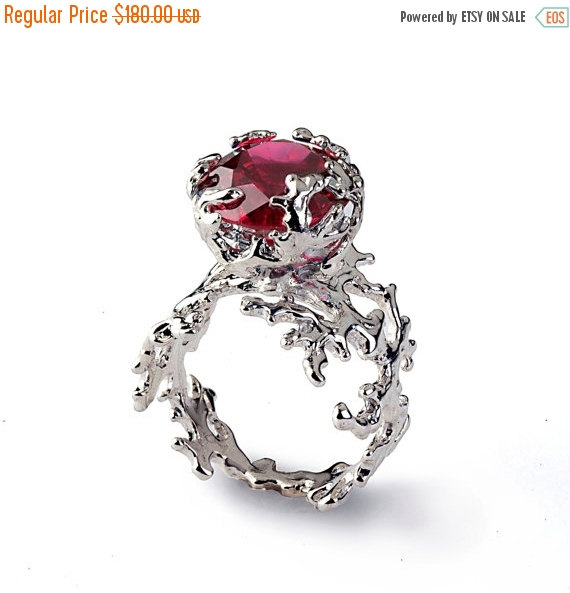 زفاف - Black Friday SALE - CORAL Ruby Engagement Ring, Statement Ring, Red Ruby Ring, Silver Ruby Engagement Ring, Large Ruby Ring
