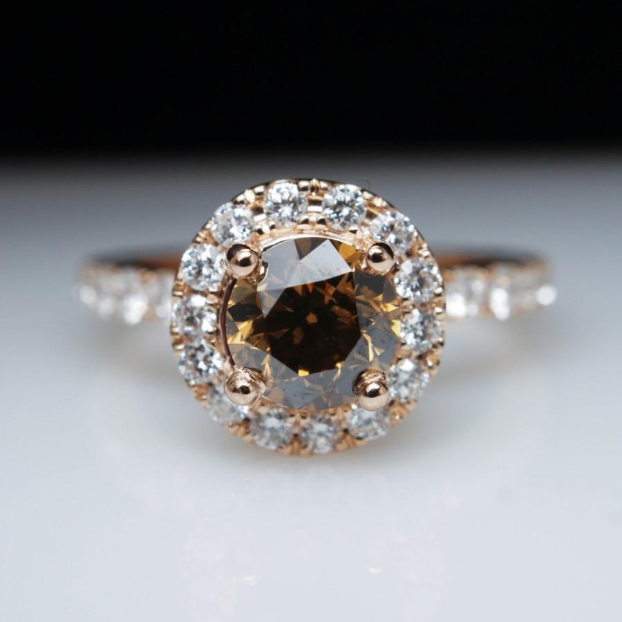 Wedding - 1.87ctw Brown Diamond Rose Gold Halo Engagement Ring Flower Style Engagement Ring Rose Gold Engagement Ring Diamond Ring