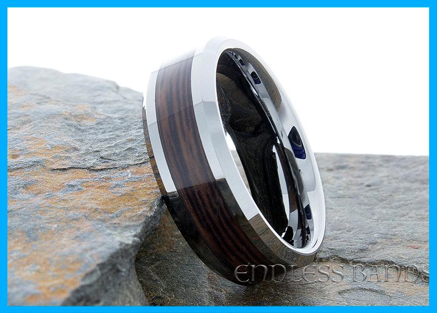 Свадьба - Tungsten Ring Wood Inlay Wedding Band Elegant Laser Engraving Mens Women Classic Modern New Anniversary Beveled Tungsten Band Wedding 8mm